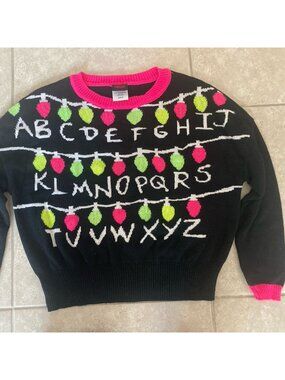 Stranger Things Christmas Lights Ugly Sweater RARE Pink & Black Netflix Official